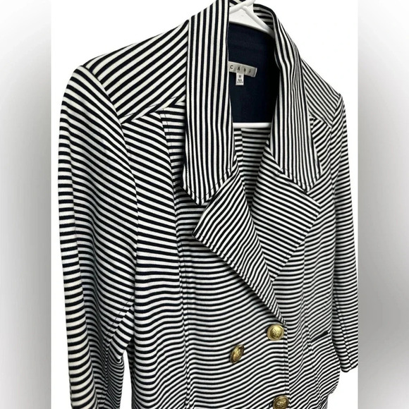 CAbi Jacket Navy Blue/White Striped Collared Double Breasted Pockets - Picture 2 of 8